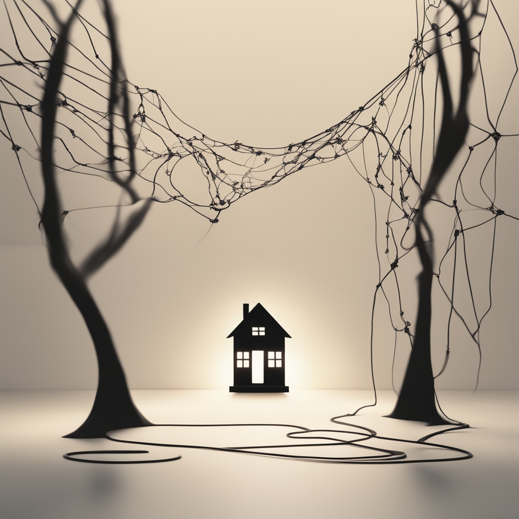 A visual metaphor: On the left, a dark, tangled, and ominous digital web fades away. A path leads to the right, where a bright, clean, and simple 'For Sale' icon (like a price tag or a house) shines on a neutral background. Cinematic lighting, symbolic."